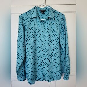 Vintage Aqua Silk Jones New York Signature Blouse with Polka Dots, petite Large